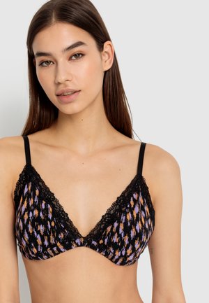 Zwarte bralette met kant aan de rand, voorzien van een paarse en oranje abstracte patroon. Het heeft een driehoekige vorm en verstelbare bandjes.