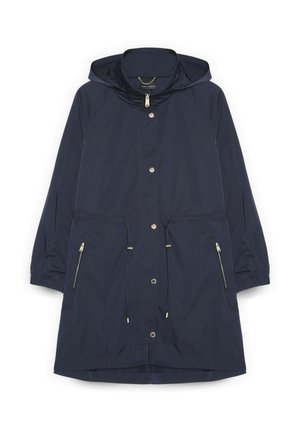 Granatowa parka z kapturem, zapinana na przedni zamek błyskawiczny i zatrzaski, z regulowanymi sznurkami w talii, zamykanymi na zamek kieszeniami bocznymi oraz elastycznymi mankietami.