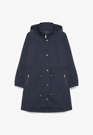 Parka bleumarin cu glugă, fermoar frontal și nasturi capse, șnururi ajustabile în talie, buzunare laterale cu fermoar și manșete elastice.