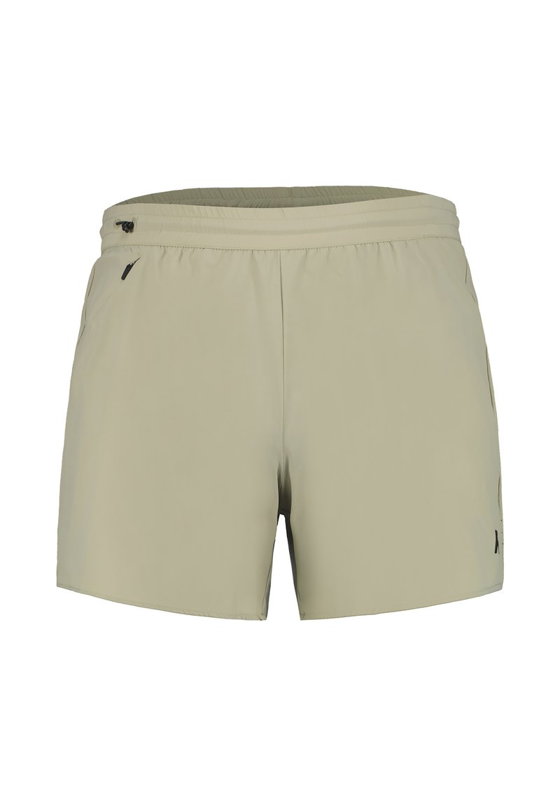 Ljus khaki-shorts gjorda av ett slätt, lätt material. Har en elastisk midja, sidofickor och minimal branding i svart.