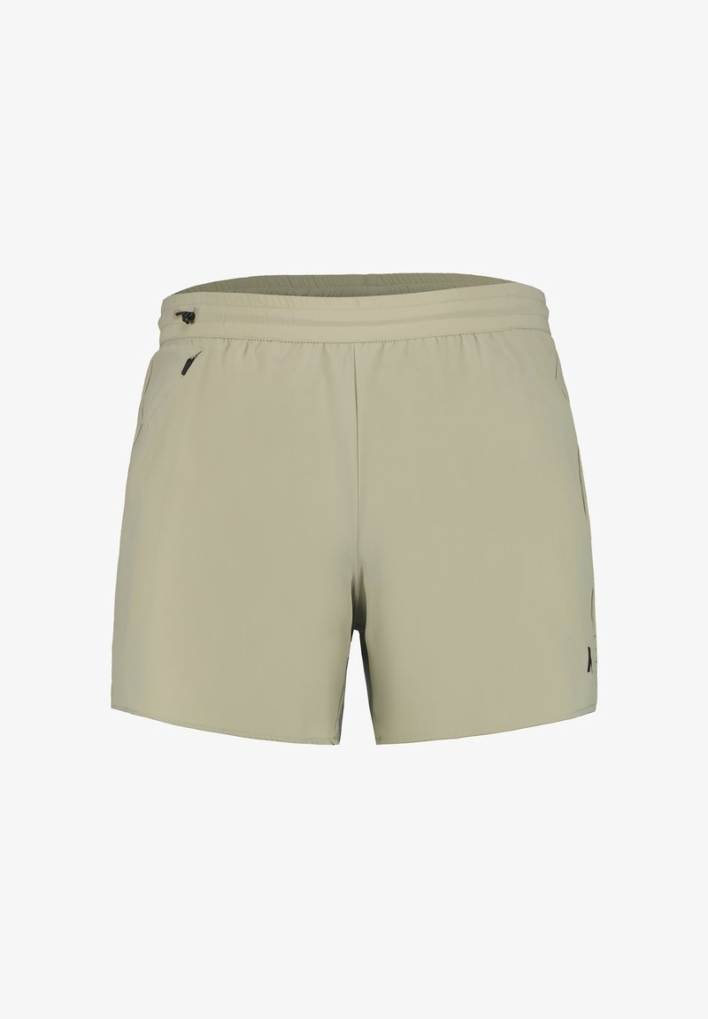 Světle khaki kraťasy vyrobené z hladkého, lehkého materiálu. Mají elastický pas, boční kapsy a minimální černé logo.
