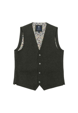 Dark green wool vest with a v-neck, five-button front, dual side pockets, and a floral-patterned lining visible at the neck.