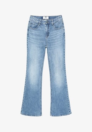 Svetle modré zvonové džíny vyrobené z denimu, s vysokým pasem, předními kapsami a přišitým lemem. Klasický design s pěti kapsami.