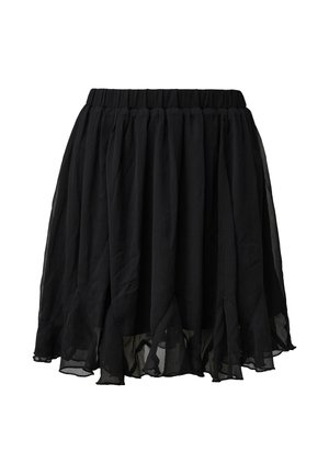 Black knee-length skirt with elastic waistband and layered, sheer fabric creating a slightly ruffled hem.