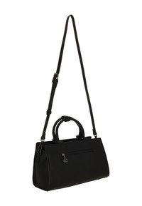 Zwarte leren handtas met een gestructureerde vorm, dubbele handvatten, afneembare verstelbare riem, voorvak met rits en een getextureerd oppervlak.