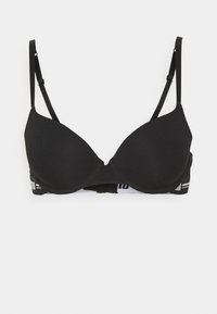 Black padded bra with adjustable straps, featuring a soft texture and a branded elastic band. Simple design with a seamless finish.