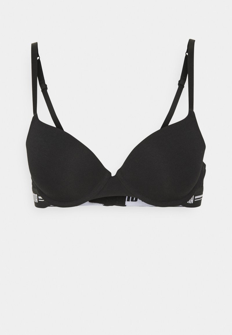 Black padded bra with adjustable straps, featuring a soft texture and a branded elastic band. Simple design with a seamless finish.