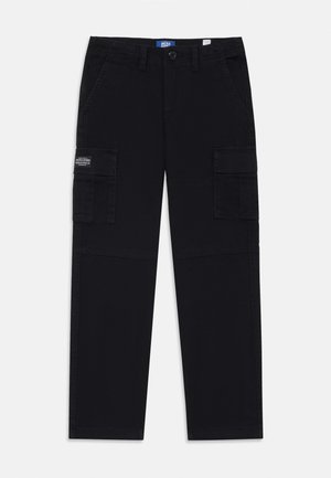 Pantaloni cargo negri din bumbac, cu două buzunare laterale mari, închidere cu nasture și un design cu picioare drepte, cu detalii cusute.