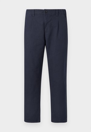 Marineblauwe katoenen broek met een recht model, voorzien van een knoopsluiting aan de voorkant en twee zijzakken. Glad oppervlak, zonder patronen.