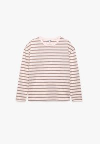 Langærmet T-shirt i lyserød med mørkebrune vandrette striber, med rund halsudskæring og blødt stof. Ingen yderligere detaljer.