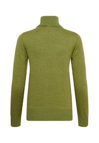 Pull à col roulé vert olive à manches longues avec poignets, ourlet et col côtelés, vu de dos sur fond blanc.