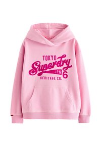 Felpa con cappuccio rosa realizzata in tessuto morbido, con tasca frontale, cappuccio con cordino e testo grafico audace in rosa scuro: "TOKYO Superdry JPN 6 Heritage Co."