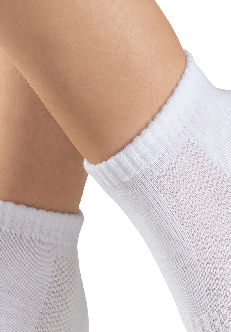 White ankle socks with ribbed top, featuring a breathable mesh texture on the sides for ventilation. Soft material, mid-calf style.