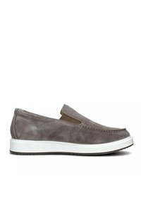 Scarpa slip-on in suede grigio con suola in gomma bianca, caratterizzata da dettagli cuciti e un pannello elastico laterale per una facile calzata.
