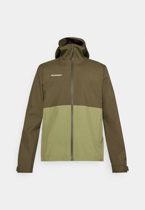 Olijfgroen en lichtgroen twee-kleurige jas met een rits aan de voorkant, verstelbare capuchon en logo op de linkerborst. Glad, waterafstotend materiaal.