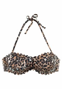 Bikiny top s leopardím vzorem, s vlnitým okrajem, nastavitelnými šňůrkami a polstrovaným designem pro lepší podporu.