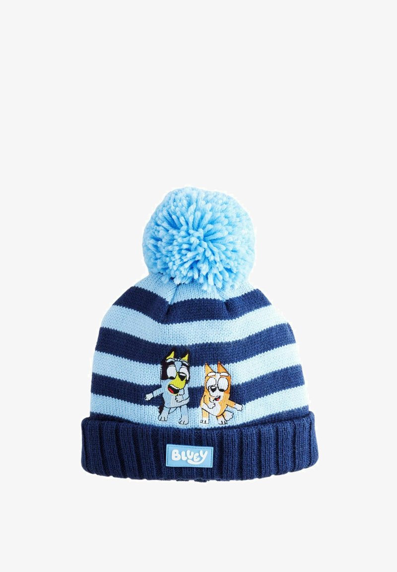 Strickmütze in Blau und Marine mit horizontalen Streifen; verfügt über einen blauen Bommel oben und bestickte Cartoon-Hunde auf der Vorderseite.