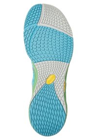 Suela de un zapato con un diseño azul y blanco, con patrones texturizados. Incluye un logo "Vibram" en amarillo y acentos verdes a lo largo del borde.