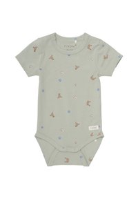 Ljust grön kortärmad bodysuit i mjukt tyg, med ett spritt mönster av kaniner och snäckor i brunt, rosa och blått.