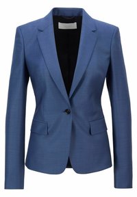 Blazer bleu sur mesure en tissu texturé, doté d'une fermeture à un bouton, de revers à crans et de deux poches avant.