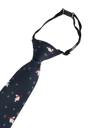 Dunkelblaue Krawatte mit einem Muster aus weißen Schneemännern mit roten Schals und grünen Akzenten, hergestellt aus glattem Stoff, mit verstellbarer schwarzer Hardware.