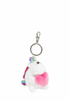 Plush unicorn keychain with a white body, rainbow mane, pink heart, and silver metal clasp. Soft texture with embroidered facial features.