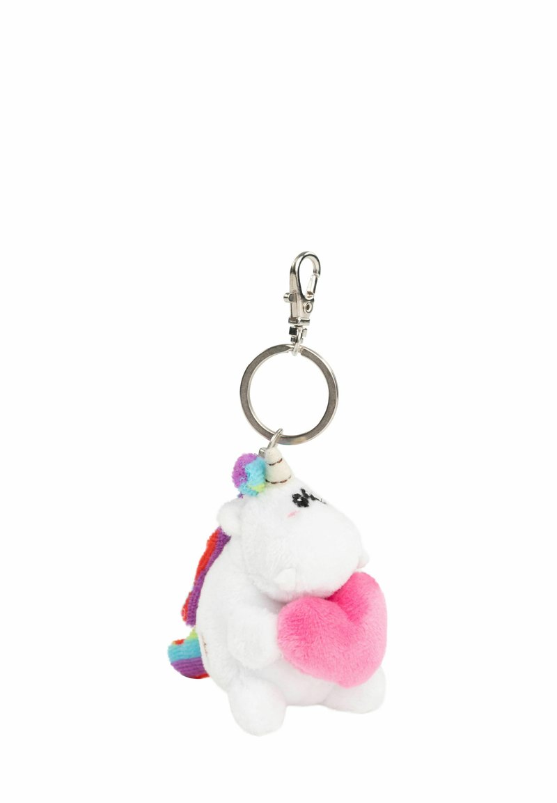 Portachiavi a forma di unicorno in peluche con corpo bianco, criniera arcobaleno, cuore rosa e gancio in metallo argento. Texture morbida con caratteristiche facciali ricamate.