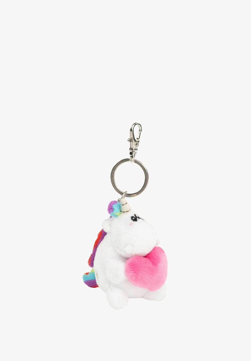 Portachiavi a forma di unicorno in peluche con corpo bianco, criniera arcobaleno, cuore rosa e gancio in metallo argento. Texture morbida con caratteristiche facciali ricamate.