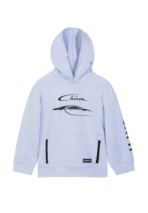 Light blue hoodie with black "Chiron" text and car outline on chest, two black zippered pockets, and "Bugatti" label on front pocket.