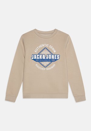 Beżowy sweatshirt z długimi rękawami. Zawiera niebieskie napisy "AUTHENTIC DENIM" oraz "JACK & JONES". Miękka tekstura, okrągły dekolt, ściągacze na rękawach.