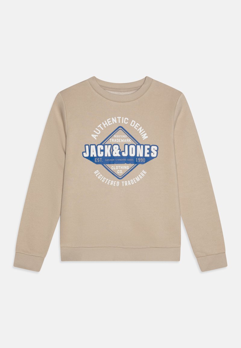 Béžová mikina s dlouhými rukávy. Na přední straně je vytištěno "AUTHENTIC DENIM" a "JACK & JONES" v modré barvě. Měkčený materiál, kulatý výstřih, žebrované manžety.