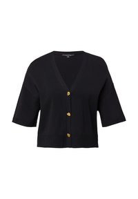 Schwarze Strickjacke mit V-Ausschnitt, kurzen Ärmeln und goldenen Knöpfen entlang der Vorderseite. Gerippter Saum und einfaches, strukturiertes Material.