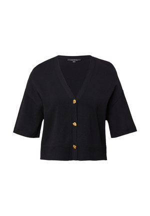 Black knit cardigan with a V-neck, short sleeves, and golden buttons down the front. Ribbed hem and simple, textured fabric.
