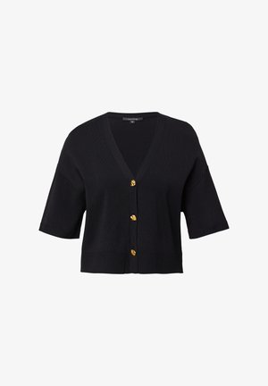 Czarny dzianinowy kardigan z dekoltem w serek, krótkimi rękawami i złotymi guzikami z przodu. Żebrowany brzeg i prosty, strukturalny materiał.