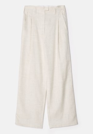 Bež široke hlače izdelane iz lahkega, teksturiranega blaga. Imajo nabran sprednji del in krojen pas za strukturiran fit.