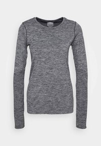 Gray long-sleeve athletic shirt with a round neckline, textured fabric, fitted shape, and patterned accent at the sides.