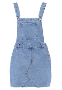 Ljusblå denim overallklänning med justerbara remmar, framficka och sned fåll. Har metallknappar på sidorna.