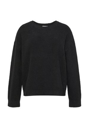 Black, oversized sweater made of soft, textured fabric. Features a crew neckline and long sleeves with ribbed cuffs and hem.