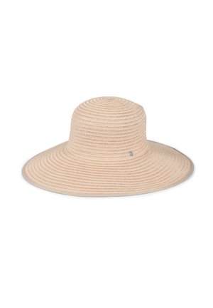 Wide-brimmed, light beige woven sun hat with a rounded crown, featuring concentric circular patterns and a small metallic logo detail.