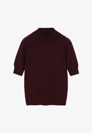 Bordeaux kraagloze trui met korte mouwen, gemaakt van zacht materiaal, met een aansluitend ontwerp en een gladde textuur met een geribbelde kraag.