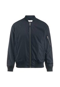 Marineblau Bomberjacke mit durchgehendem Reißverschluss, geripptem Kragen und Bündchen, Seitentaschen und einer Reißverschlusstasche am Ärmel. Glattes, strapazierfähiges Material.