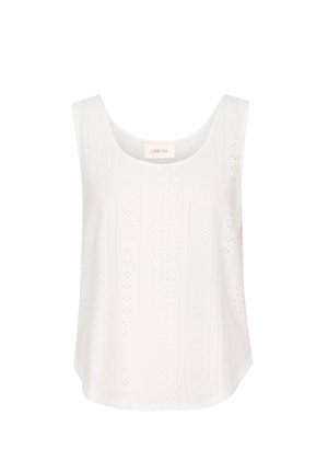 Haut sans manches blanc avec un col arrondi, arborant un motif texturé de petits trous et de points, fabriqué en tissu léger.