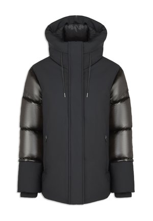 Black padded coat with a high collar, contrasting glossy sleeves, drawstring hood, and ribbed cuffs. Features a straight cut and zipper front.