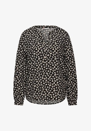Blouse noire avec un motif abstrait blanc, décolleté en V, manches longues avec des poignets froncés et coupe loose. Tissu léger avec une texture lisse.