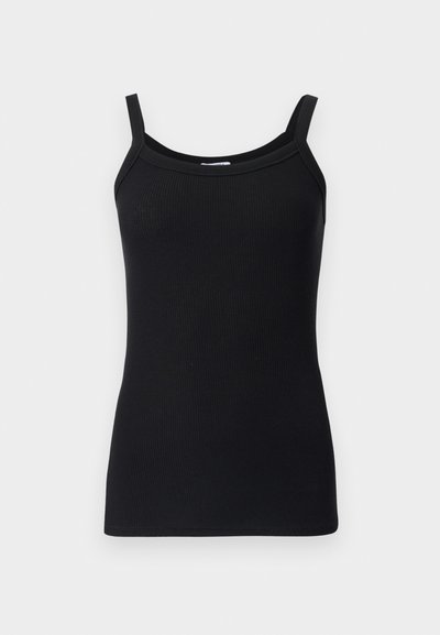 Must mustribal tank top õhukeste õlgade rihmadega, ümarate kaelustega ja sobiva disainiga. Pehme tekstuur ja veniv kangas.