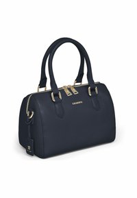 Marineblauwe leren handtas met een gestructureerd ontwerp, dubbele handvatten, goudkleurige hardware, ritssluiting en een afneembare sleutelhanger.