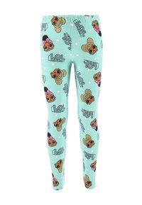 Leggings con una tela verde menta que presenta un estampado de personajes de perros de dibujos animados, lunares y el texto "¡LOL Surprise!" en negro.