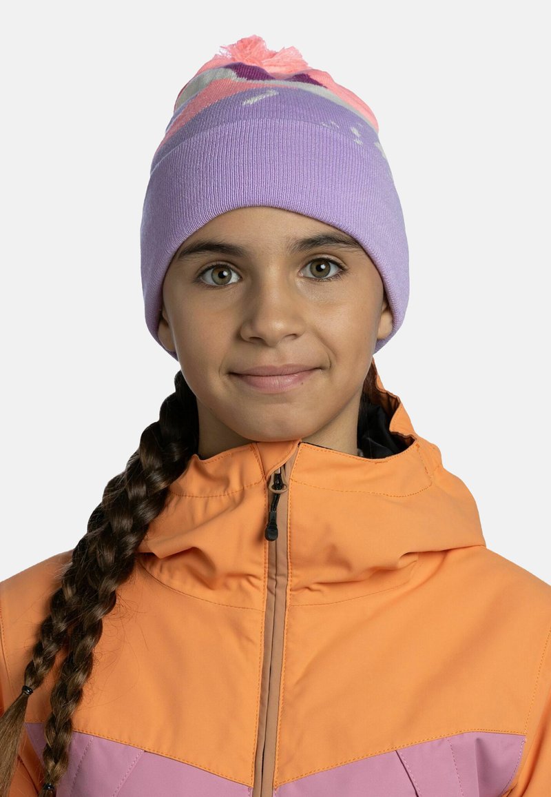Purple knit beanie with pink accents and a pom-pom on top, worn with an orange and pink zip jacket featuring a high collar.
