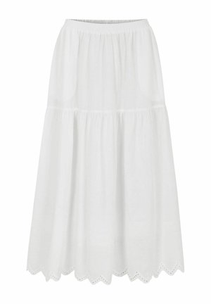 Fustă midi albă cu talie elastică, volane strânse și detalii cu margine ondulată cu ochiuri decupate.
