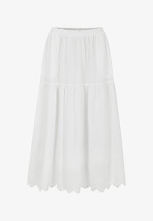 Biela midi sukňa s elastickým pásom, nariasenými vrstvami a zdobeným lemom so vzorom očiek.